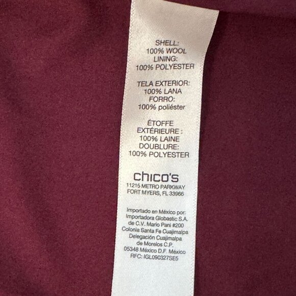 Chicos Burgundy Wool 3/4 Sleeve Full Zip Jacket Button Flap Accents Lined 2 - Picture 14 of 15
